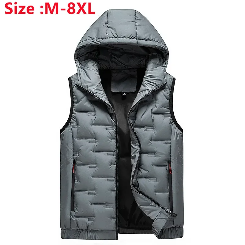 

2024 Men's Hooded Vest Men Pleated Solid Padded Vest Windproof Warm Sleeveless Jacket Homme Casual Waistcoat Thicken Parkas 8XL