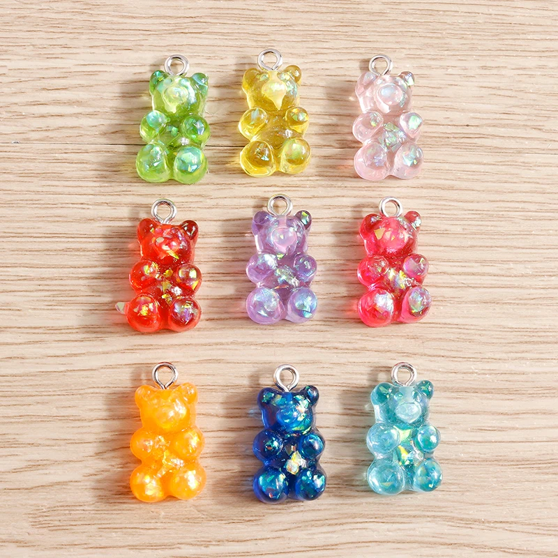 Tusember 10pcs Cute Shiny Colorful Resin Gummy Bear Charms Pendants For Jewelry Necklace DIY Bracelet Earrings Accessories Craft