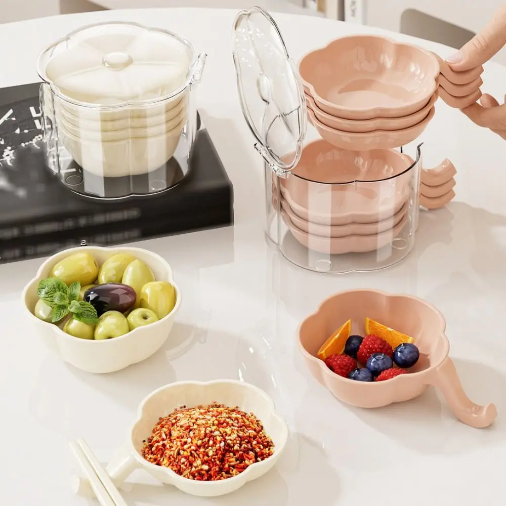 

6pcs Cute Stackable Flower Shape Dipping Tray with Storage Box Extended Handle Appetizer Tray Plastic Seasoning Tray Restaurant