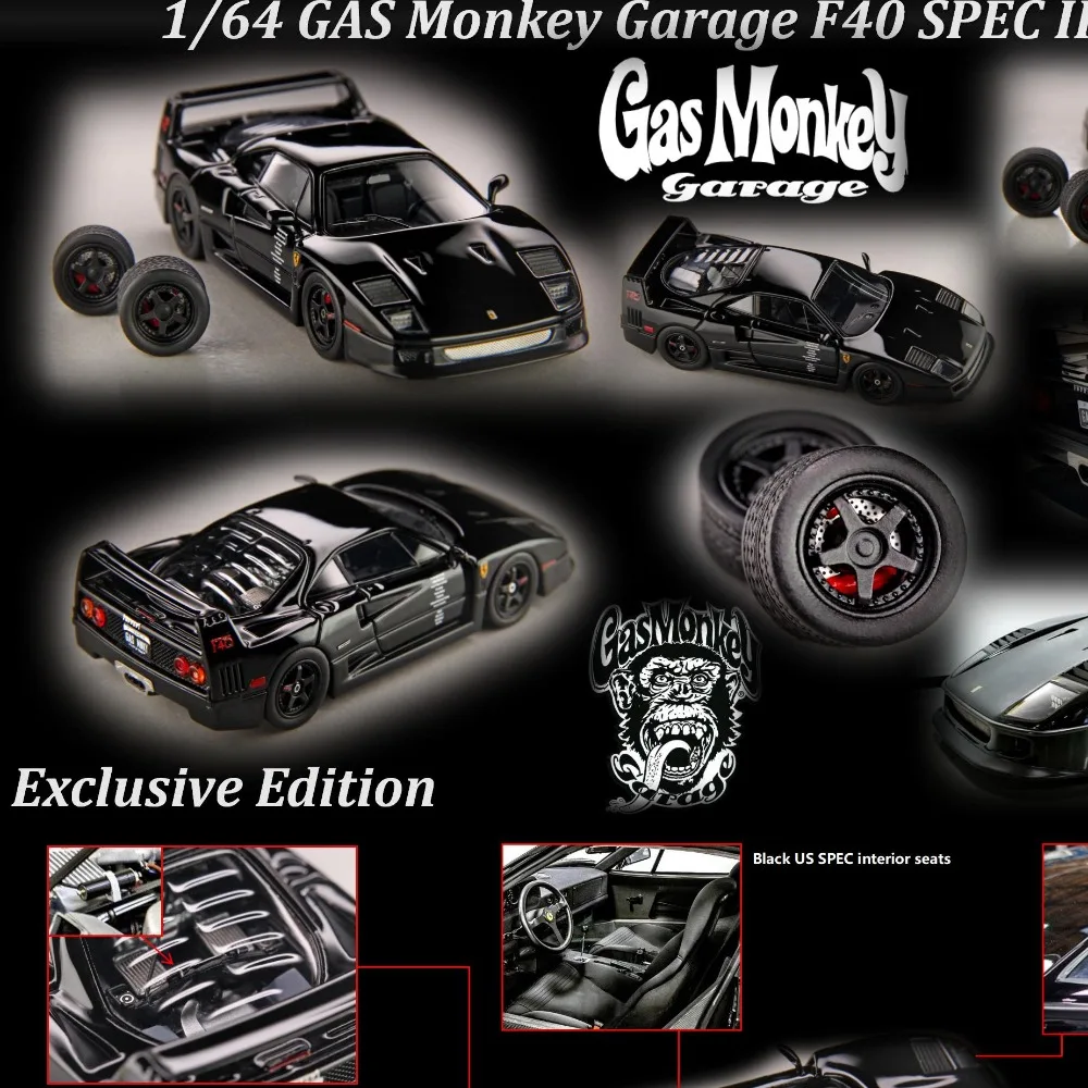 MY64 M64X 1:64 Prancing Horse F40 Gas Monkey Custom Edition, Black, Resin Car Model Collection Display Gift Toy