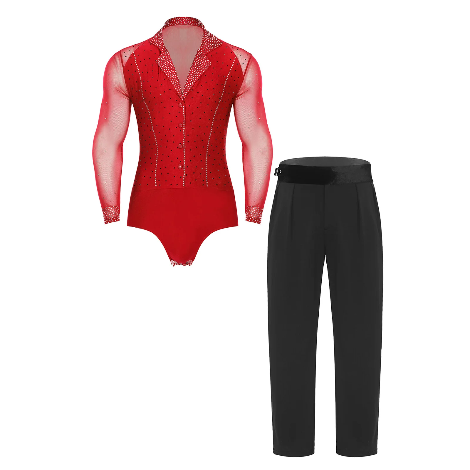 Uomo Vestito da ballo latino Tango Jazz Balletto Salsa Danza Samba Chacha Set Costume Manica lunga Sheer Mesh Patchwork Pantaloni tuta