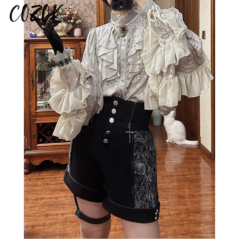 Gothic Style Silver Shirt Spring and Autumn New Fashion Bat Sleeve Loose Long Sleeve Blouse Lolita Retro Court Style Women's Top