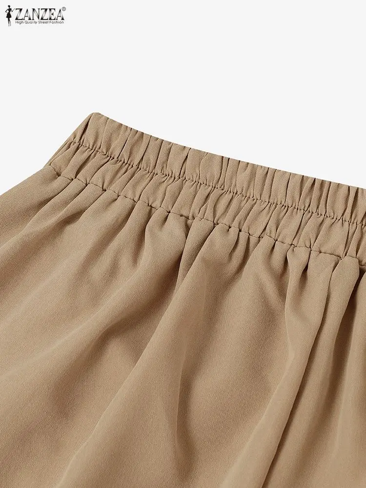 ZANZEA Women's Wide-Leg Cropped Pants Loose Cozy Elastic Back Waist Solid Color Calf-Length Pant Woman Everyday Casual Wear