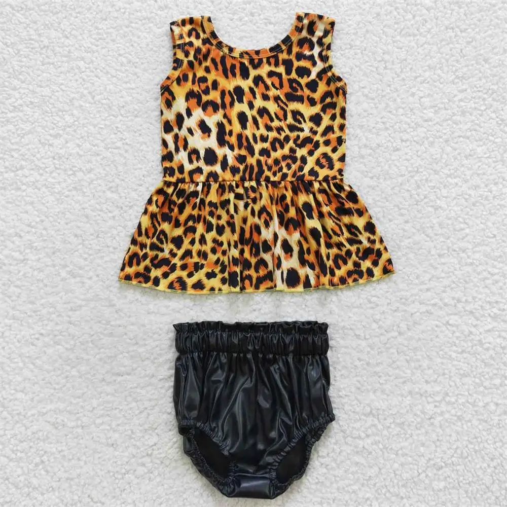 

Wholesale Baby Girl Set Toddler Sleeveless Leopard Tops Black Leather Bummie Shorts Children Summer Newborn Boutique Outfit