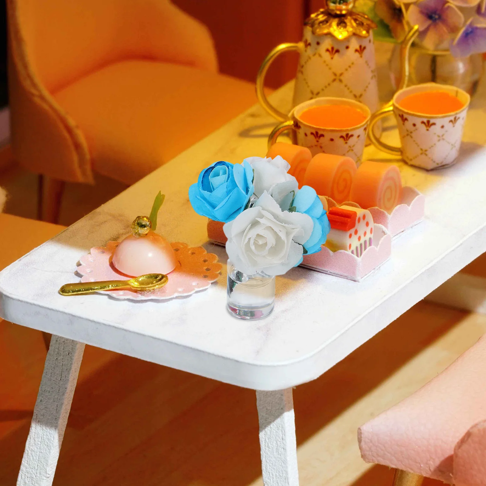 

4pcs Dollhouse Mini Flower Vase Soft Pink Artificial Roses 1:12 Scale Miniature Decor For Fairy Garden Micro Landscape Display