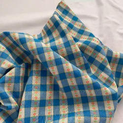 Small fresh blue and white plaid exquisite weaving and embroidery small flower polyester cotton clothing fabric DIY, 145x50cm