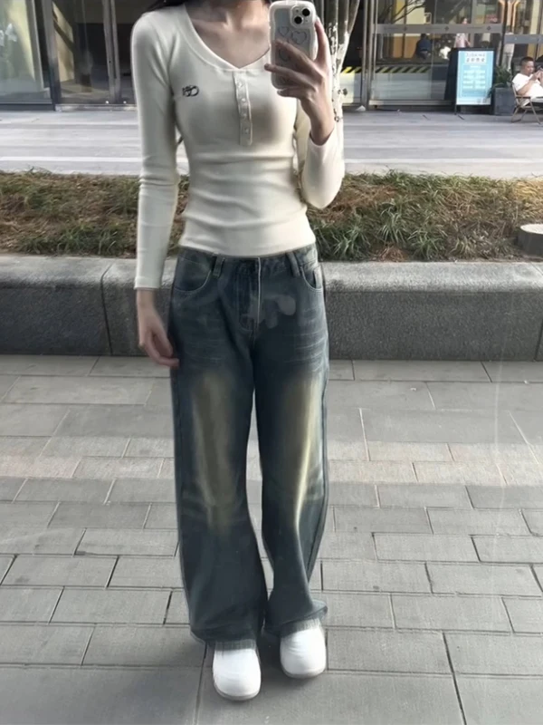 الشارع Sle القطن طويل Sve V-Ne ort تي شيرت المرأة ربيع الخريف سليم صالح قاعدة irt الأمريكية الساخنة فتاة تصميم الشعور