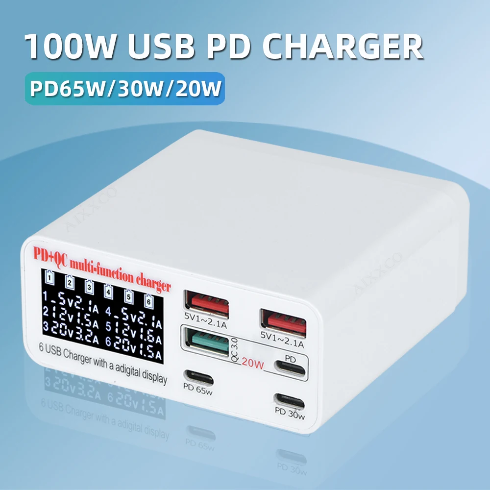 

100W USB-C Charger Desktop USB Charging Station 6 USB Ports PD 65W QC3.0 USB Fast Charger For Macbook iPhone Samsung