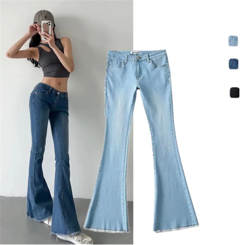 

Джинсы-колокольчики с низкой талией, потертый подол, ретро, американские длинные ноги, эластичные утягивающие брюки длиной до пола, расклешенные брюки