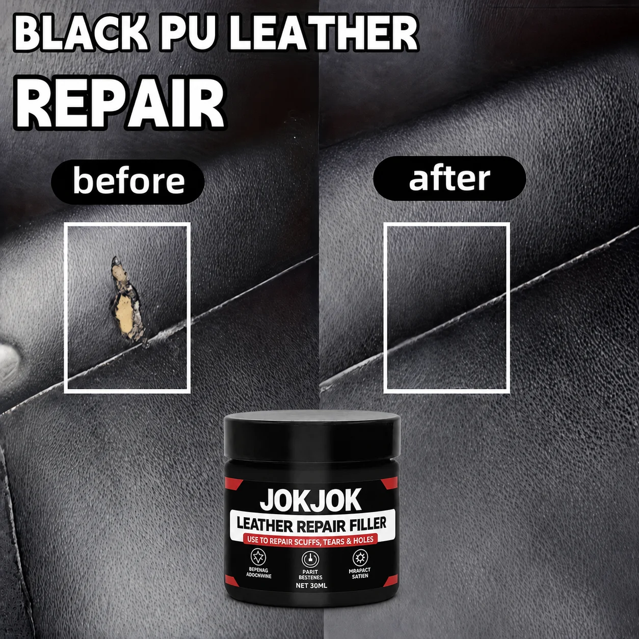 JOKJOK Leather Repair Filler 30ML Black PU Vinyl Paste For Car Seats Sofas Shoes Scratch Crack Scuff Hole Touch Up