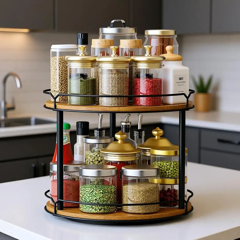 

Двухуровневая вращающаяся деревянная подставка для специй для кухни, кладовой и ванной комнаты