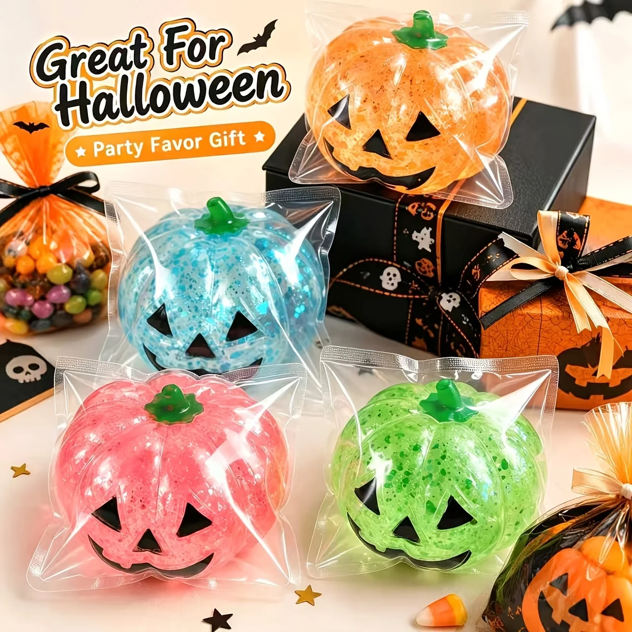 Halloween Sparkly Pumpkin Squeezing Novelty Toys Cute Mini Pumpkin Table Decor For Party Gift Baskets Classroom Prizes Holiday