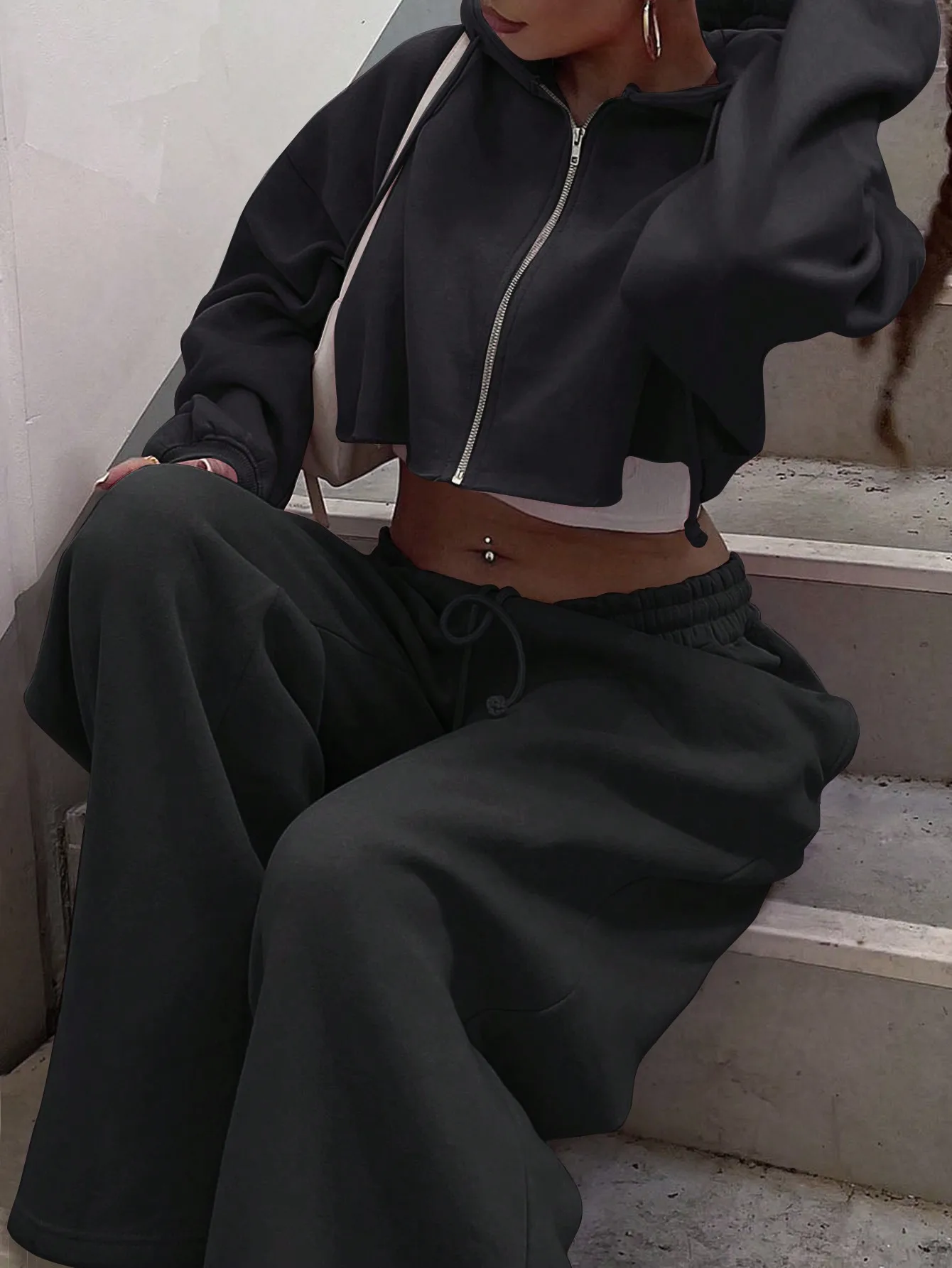 Conjunto de Sudadera Corta con Cierre y Pantalones Deportivos Anchos para Mujer, para Uso Casual