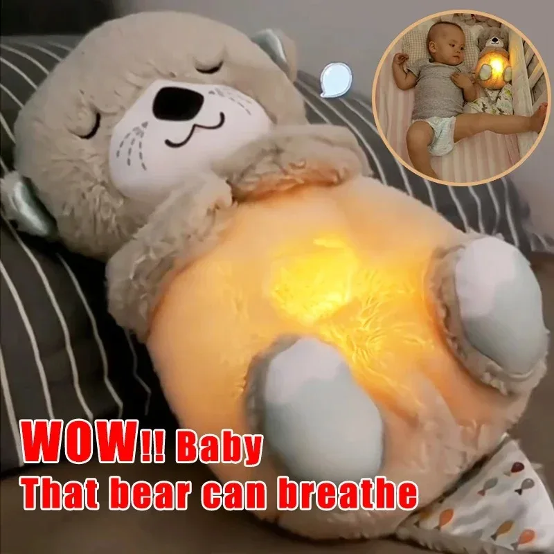 Bebê respirando urso boneca de pelúcia, lontra calmante, companheiro de música dormindo, som e luz, brinquedo presente para crianças