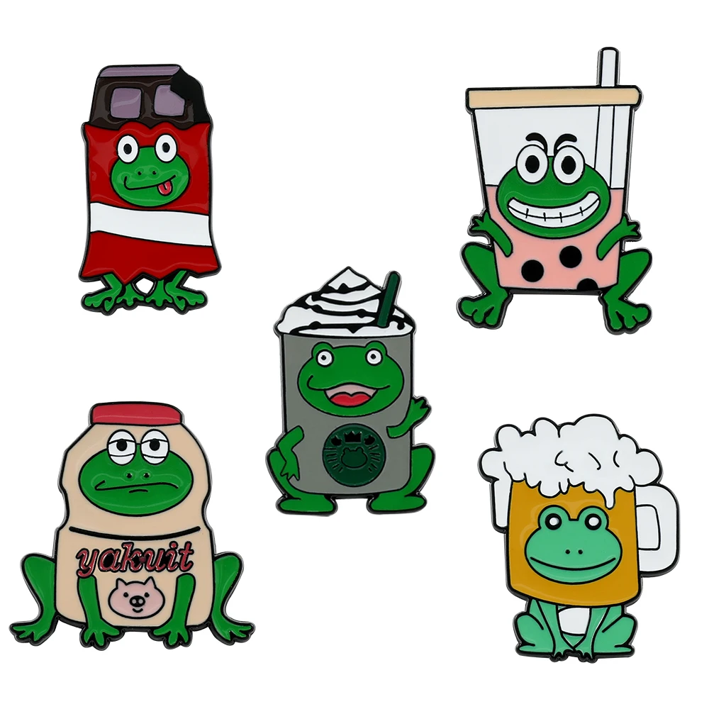 Froggy Enamel Pins Custom Cute Frog Coffee Mug Milk Juice Can Brooches Lapel Badges Animal Jewelry Gift for Kids Friends