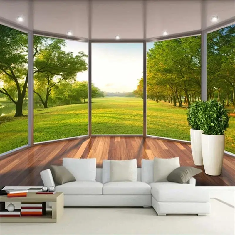 3D Stereo Window Green Grass Photo Mural Wallpaper Living Room TV Sofa Background Wall Paper For Walls 3D Papel De Parede