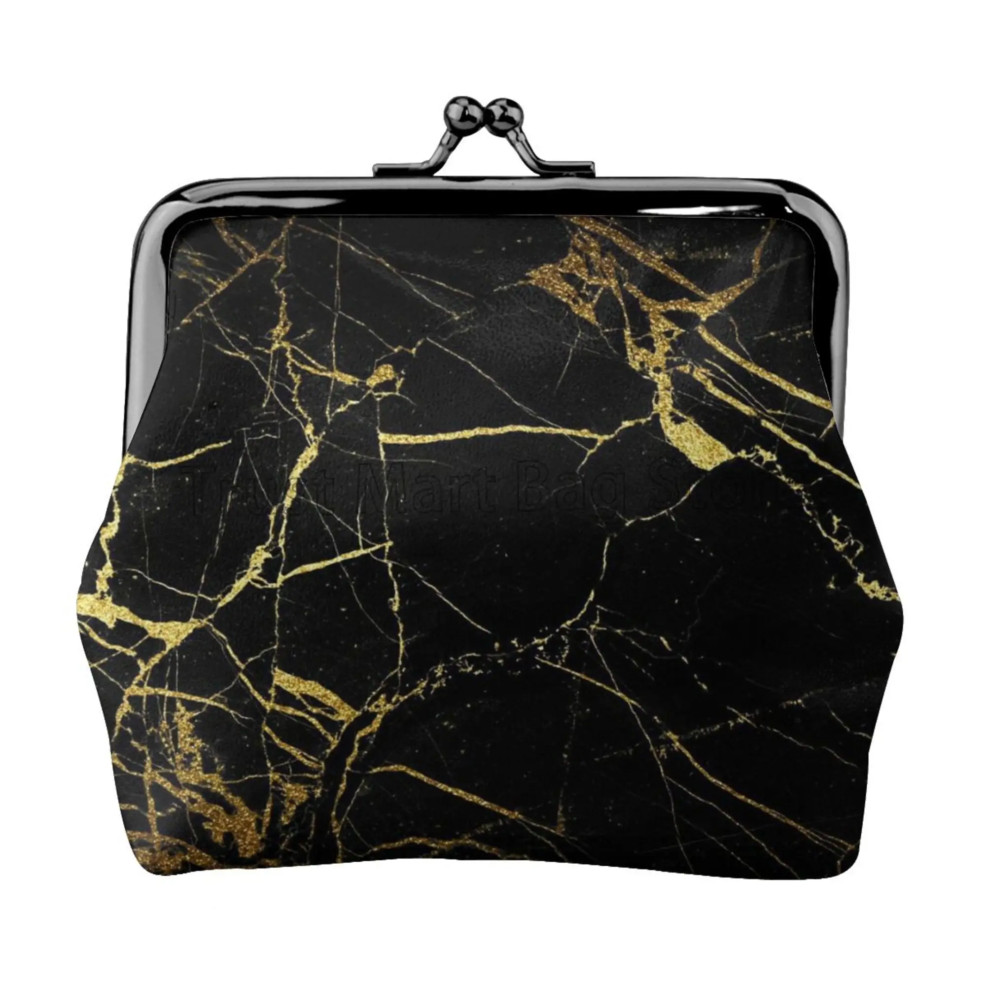 Black Gold Marble Mini Leather Coin Purse for Women Small Change Pouch with Kiss-Lock Clasp Closure Buckle Wallet Gift