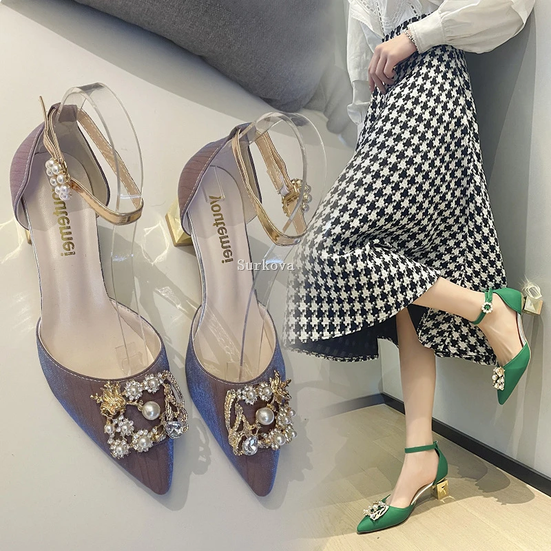 Ladies Sexy Pointed Toe Wedge Shoes Rome Fashion Open Heels Sandals 2023 Elegant Ankle Strap Square Heels Pearl Crystal Pumps