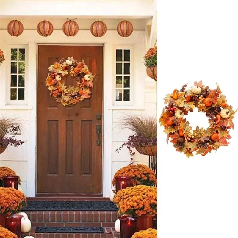 

40#Artificial Pumpkin Maple Wreath Autumn Festival Wreath Door Hanging Home Decor Halloween Thanksgiving Ornament Decorations Y2