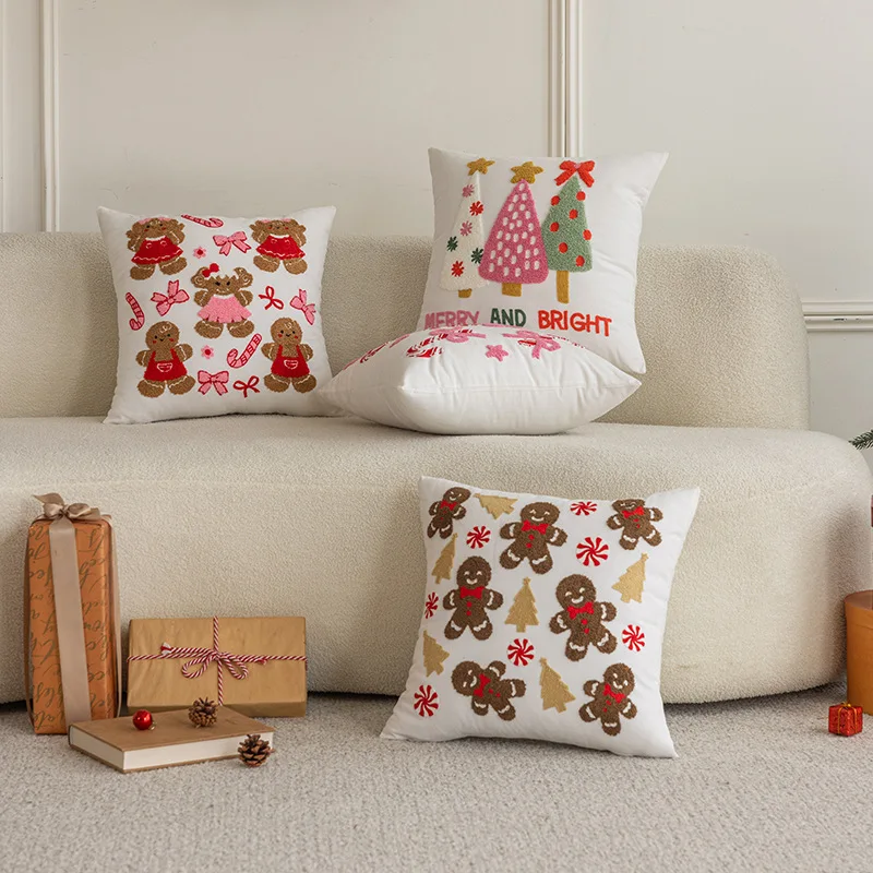 

New Christmas Gingerbread Embroidered Cushion Cover 45X45CM Christmas Festive Pillow Cover New Year's Home Gift Cotton Canvas