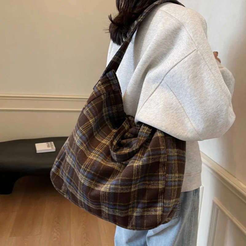 

Fashion Plaid Large Capacity Commuter Tote Bag Canvas College Style Shoulder Bag Casual Travel Bags Shopper Tote Bag