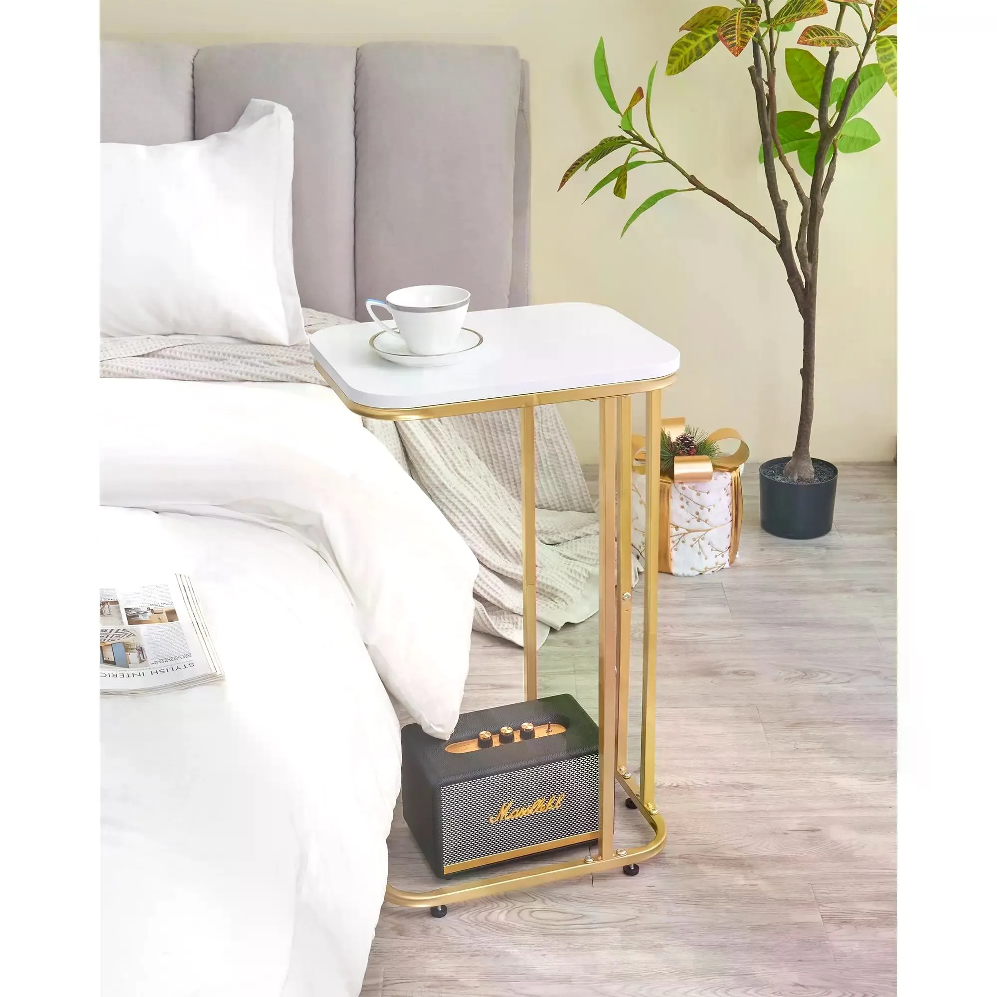 White 26.6" C-Shaped End Table & TV Tray.Portable Metal Frame Side Table for Couch, Bed, Living Room & Bedroom. - view 2