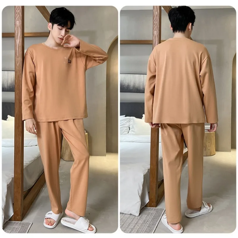 Pijamas de algodón puro para hombre, ropa de dormir de manga larga, traje informal de cuello redondo, talla grande, primavera y otoño, novedad de 2024