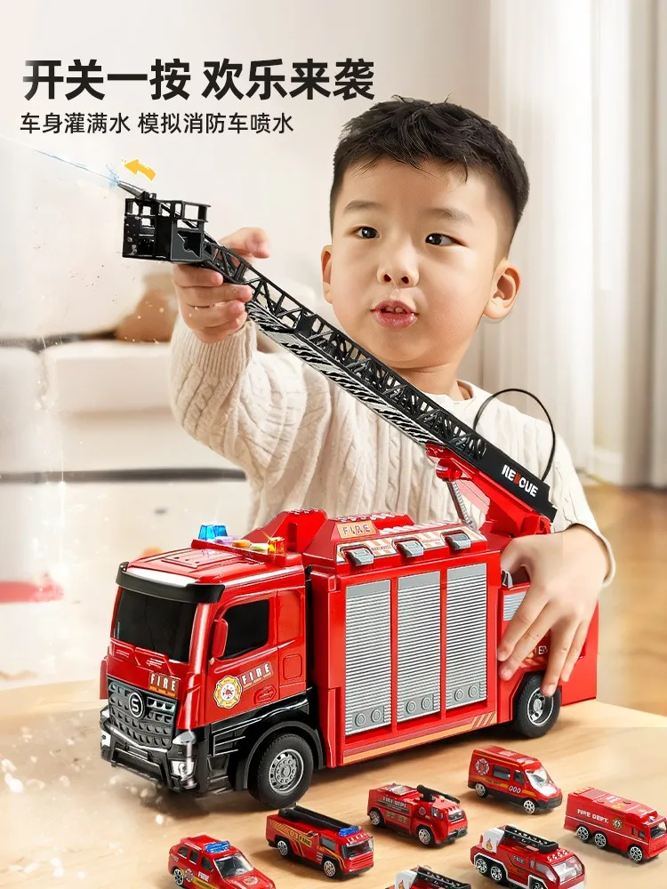 สเปรย์น้ํา Fire รถบรรทุกรุ่นบันไดรถบรรทุกของเล่นรถเสียงดึงกลับประตูเปิดรถคอลเลกชันเด็กของขวัญ