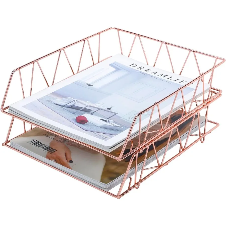 مجموعة PAG مكونة من 2 لوازم مكتبية معدنية قابلة للتكديس منظم رسائل المستندات للمكتب باللون الذهبي الوردي - مثالية للمكتب المنزلي #2