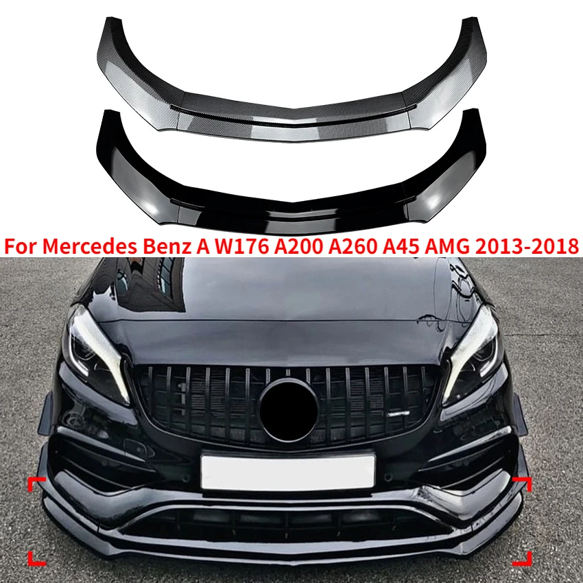 For Mercedes Benz A Class W176 A200 A260 A45 AMG 2013-2018 Car Front Bumpers Lip Spoiler Glossy Black or Carbon Fiber Look