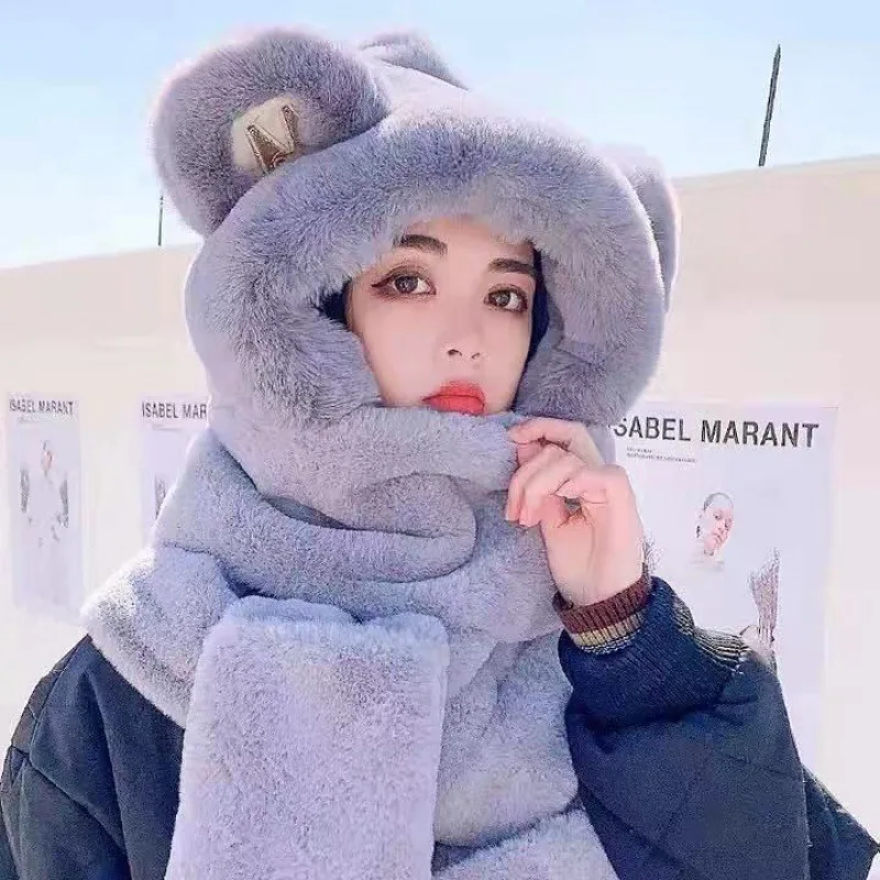 Hat Scarf and Gloves Three-Piece Set Winter Warmth Women's Fashionable Versatile Neckwarmer Korean Style Cute Embroidered Bear