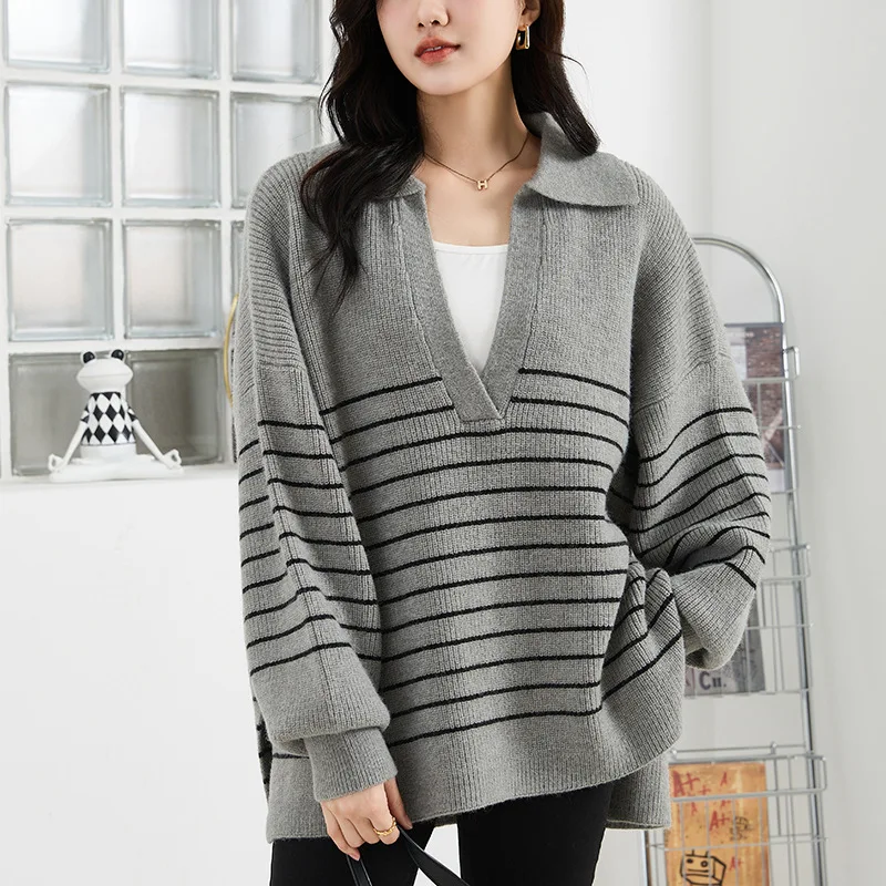 

Pullovers Women Sweaters Knitted V Neck Full Sleeve Jumpers Y2k Streetwear Elegant Splice Knit Striped Work Autumn Winter