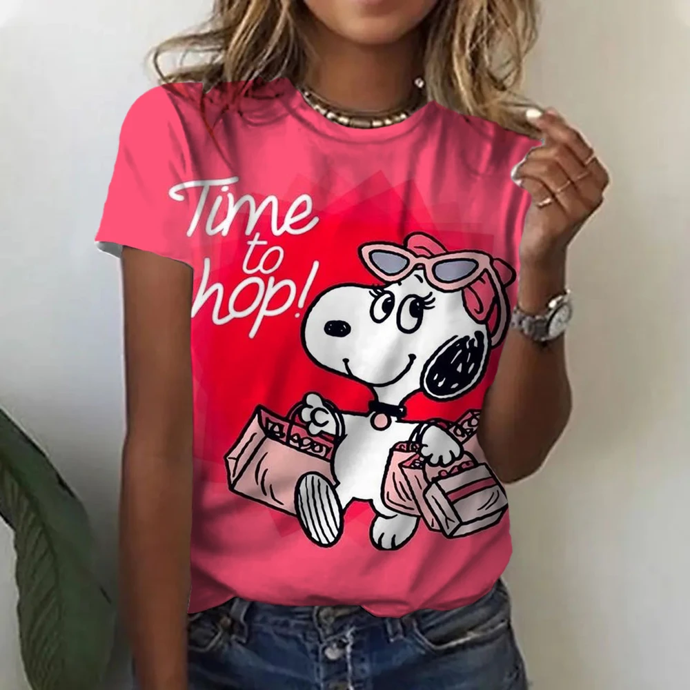 Snoopy print Women's T-Shirt Chinese Style New Pullover For Ladies O-neck Casual Short Sleeve 2024 Fashion Streetwear Tops