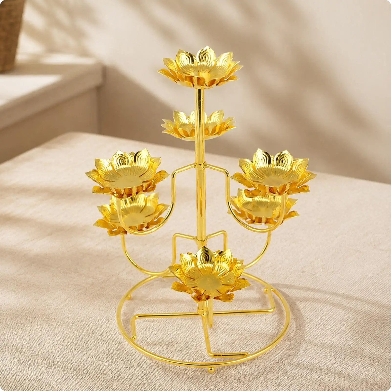 Three Layer Seven Branch Alloy Candle Holder Oil Lamp Stand for Temple Worship Home Altar Decorative Piece
