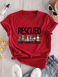 RESCUED & Dogs Print Crew Neck T-Shirt, Casual Short Sleeve Top For Spring & Summer, Women's Clothing