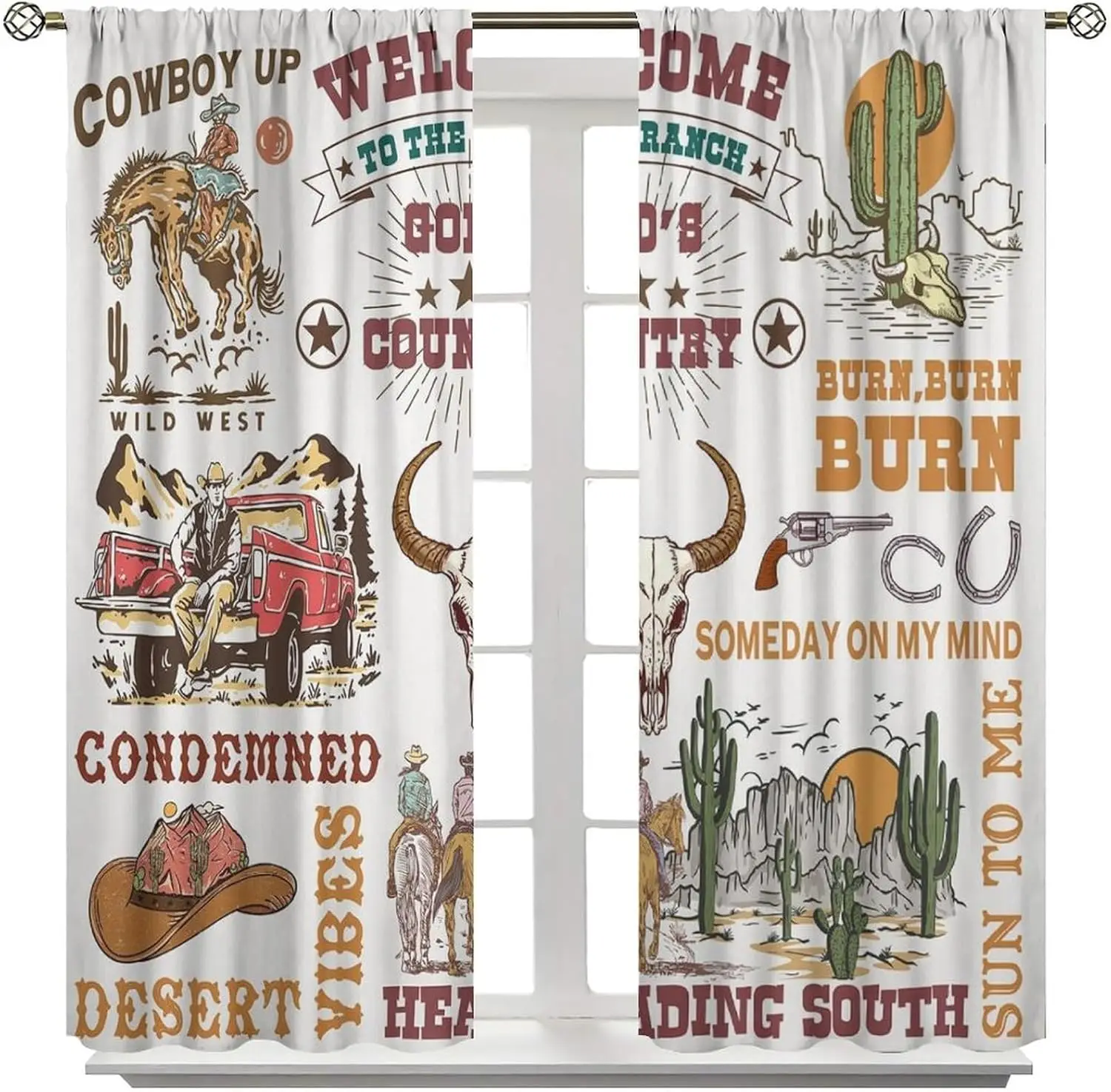 Vintage West Cowboy Window Curtains, Country Wild West Cowboy Ride Horse and Desert Cactus Rod Pocket Window Treatments for