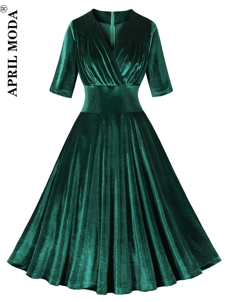 

Elegant Green 50s Velvet Party Casual Dress for Women Winter Half Sleeve Ruched V-Neck High Waist Vintage Christmas Swing Dress