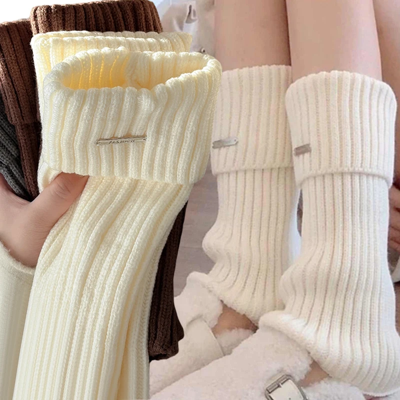 

1/2pairs Japanese and Korean Y2k Spicy Girl Leg Covers Knitted Warm Snow Boots Calf Pile Socks Metal Marked White Socks