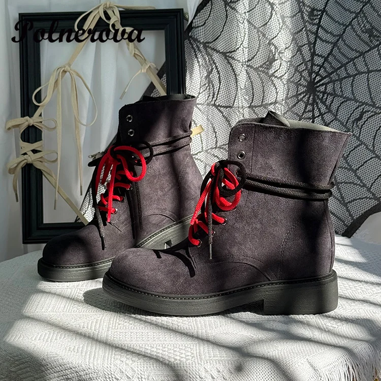 

Thick-Soled Lace-Up Boots for Women Suede Round Toe Ankle Booties Soft Sole Casual Shoes Women's Shoes Summer Botas Mujer