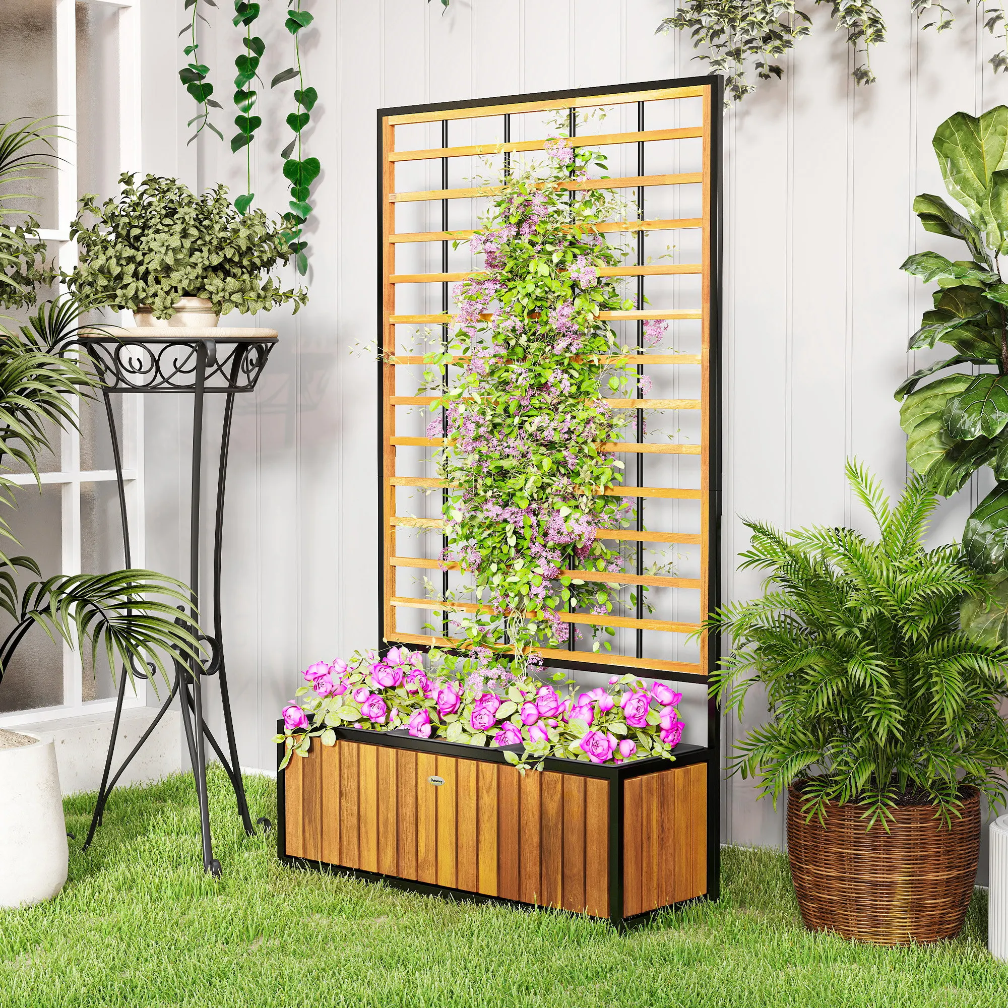 Raised Garden Bed, Planter Box with Trellis, Removable Pots, Teak