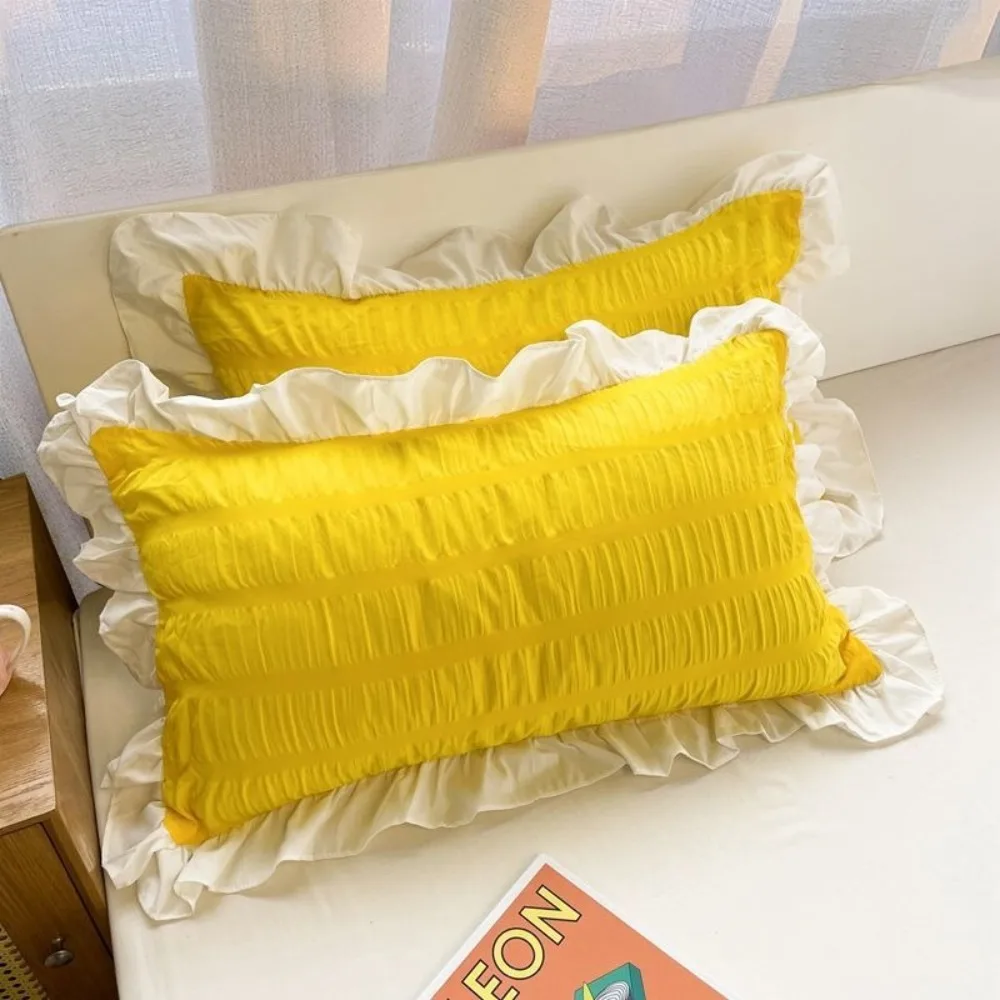 2PCS Household Candy Color Ruffle Pillow Case Nordic Style Soft Bedding Cover Decorative Comfortable Pillow Towel Girls Bedroom