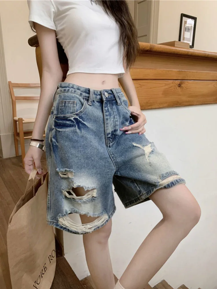 Street Washed Blue Denim Shorts Y2k E-Girl High Waist Loose Wide Leg Jeans 2024 New Hole Straight Knee-Length Pants