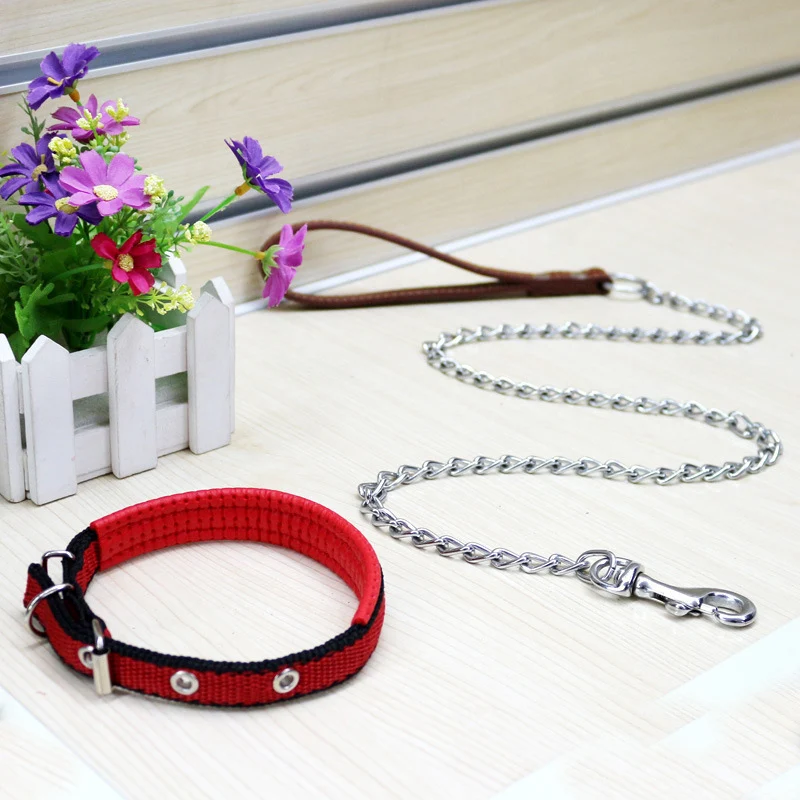 Durable Anti-Bite Metal Dog Chain Lead For Small Medium Large Dog Chain Leash Handle Leads PU Leather Iron Chain Pet Accessories