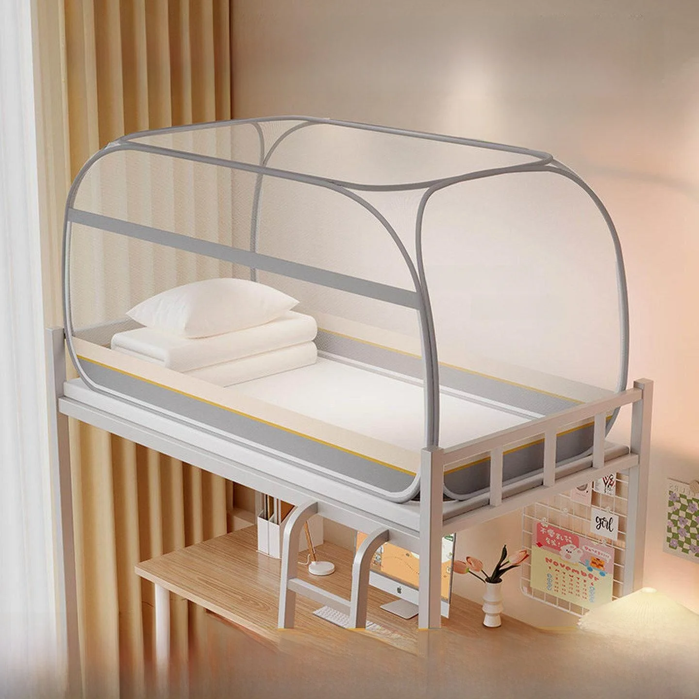 Mosquiteiro sem Instalação para Beliche de Dormitório, Compatível com Cama de Solteiro 200cm, Estilo Yurt para Alojamento Est...