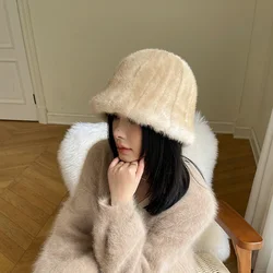 Women In Winter Warm Real Fur Mink Temperament Fisherman Cap Mink Fur Hat Thicken Warm Ear Protection Fashionable Basin Hat