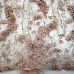 Luxury  Heavy Handwork Beads 3D Flower Nude Lace Fabric For Evening Dress HY0953