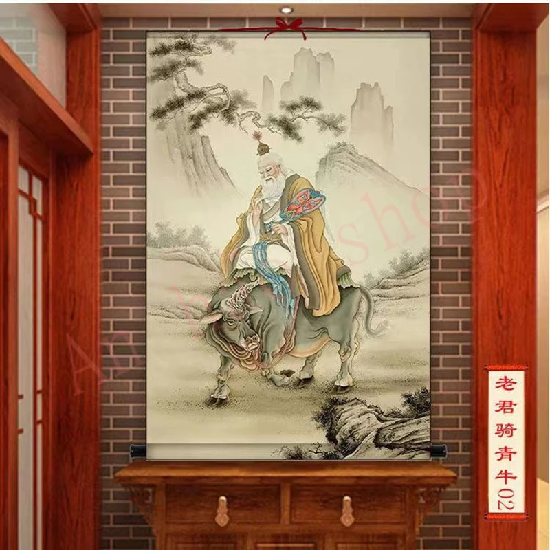 Laojun riding a cow hanging painting, exquisite handicraft scroll decoration painting  Auspicious Hanging Picture