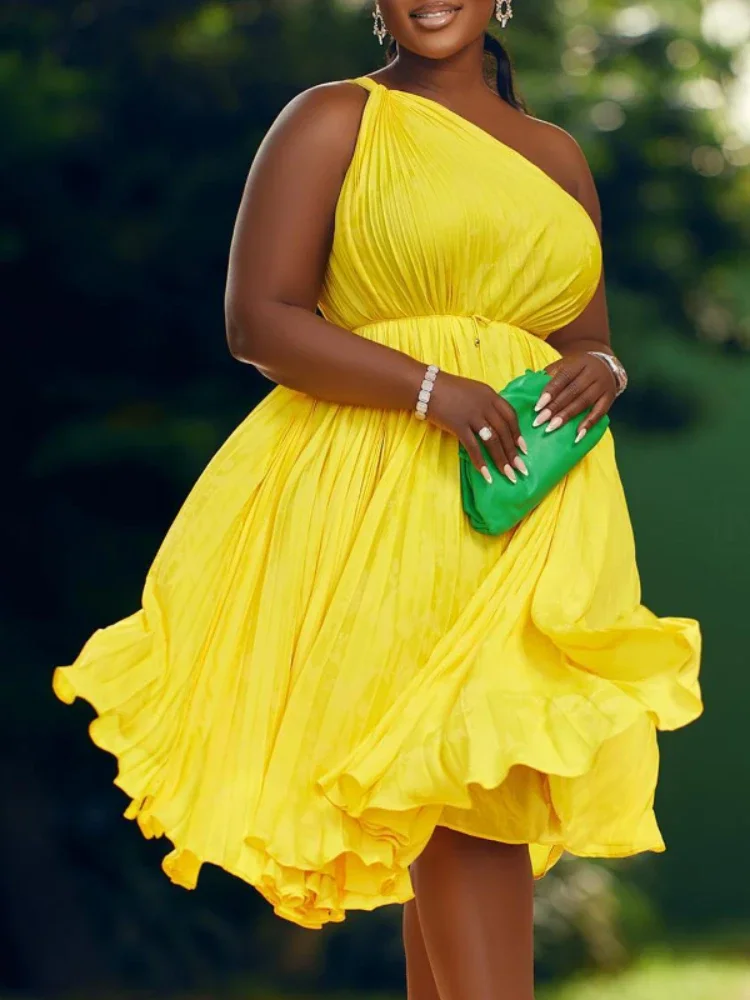 Summer African Women Sleeveless Yellow White Red Green Polyester Pleated Polyester Knee-length Dress African Dresses for Women