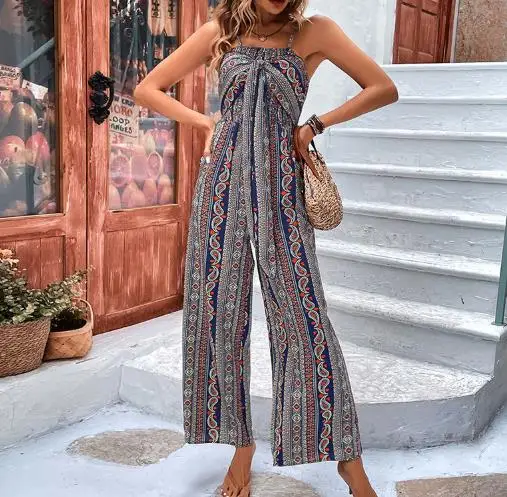 

Square Collar Hanging Neck Suspender Lace Up Jumpsuit Summer Casual High Waist Bohemian Style Slim Fit Pocket Suspender Jumpsuit