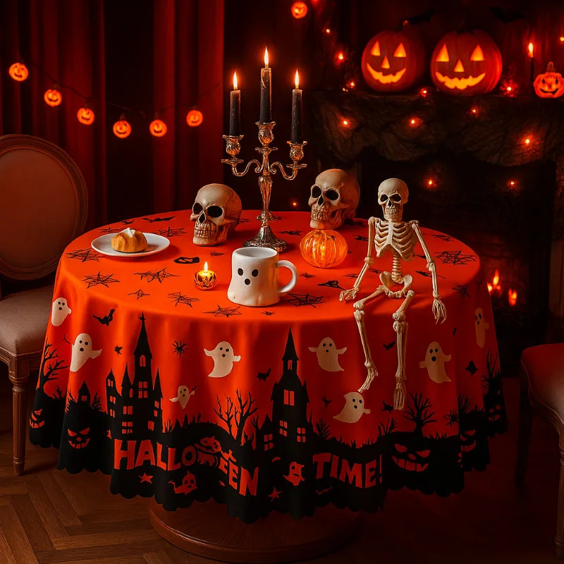 

Reusable Halloween Tablecloth Spider Pumpkin Printed Round or Rectangular Shape Family Holiday Dining Decor Dining Tablecloth